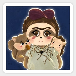 self potrait with thorn necklace, hanul the hedgehog and jandi the squirrel Sticker